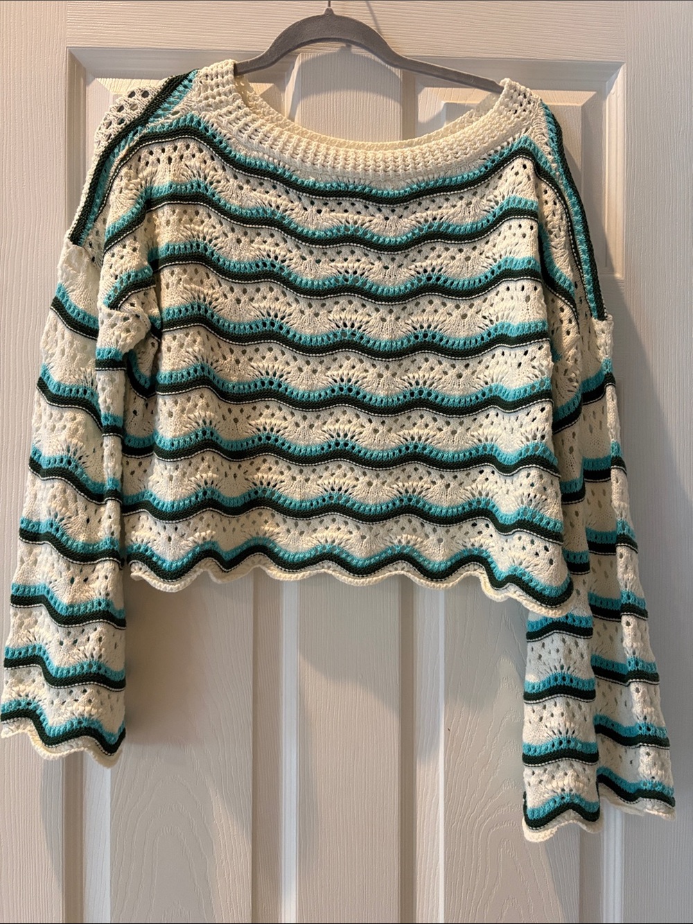Crochet Sweater with Teal Stripes
